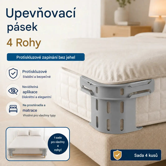 Sada čtyř kusů - 590 Kč 🛏️ Skryté klipy na prostěradla ve čtyřech rohech – zabraňují posunování nebo klouzání prostěradel a udržují je rovné a bezpečné.