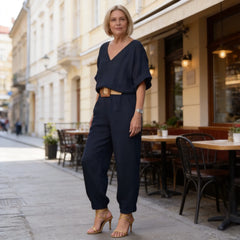 【S-5XL】Elegantní dámský komplet z lnu a bavlny: volná blůza s výstřihem do V a dlouhé kalhoty, měkký, prodyšný a příjemně chladivý materiál