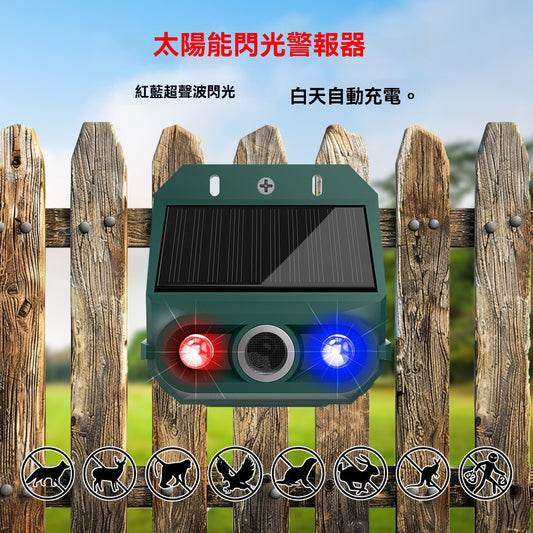 太陽能超音波動物驅趕器，適用於戶外鳥類驅趕，帶閃爍紅外線燈和紅藍LED燈