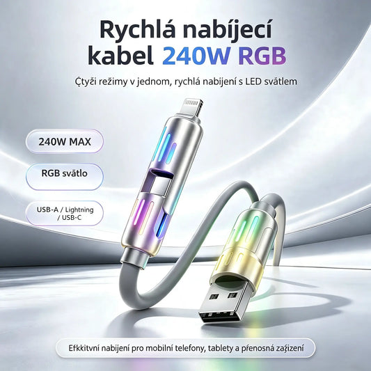 🔥 【2 kusy za 560 Kč】 🔥 (délka 2 metry) 4v1 kabel PD 240 W – rychlé nabíjení USB‑C, Lightning a USB‑A, hliník a silikon, synchronizace dat ⚡📱