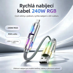 🔥 【2 kusy za 560 Kč】 🔥 (délka 2 metry) 4v1 kabel PD 240 W – rychlé nabíjení USB‑C, Lightning a USB‑A, hliník a silikon, synchronizace dat ⚡📱