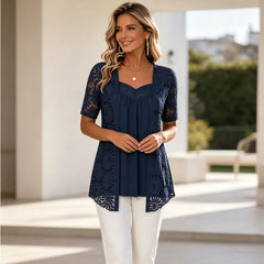 👚 S–4XL Elegantní halenky 2 v 1 s krajkou a síťovinou – zeštíhlující střih proti bříšku, 5 barev, velikosti! 🌸✨