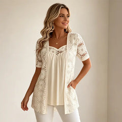 👚 S–4XL Elegantní halenky 2 v 1 s krajkou a síťovinou – zeštíhlující střih proti bříšku, 5 barev, velikosti! 🌸✨