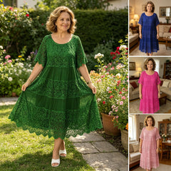 🌹👗【S–5XL】Nové krajkové šaty s kulatým výstřihem a krátkými rukávy, model 2026 【40–120 kg】