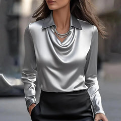 🔥✨Elegantní dámská hedvábná blůza s vysokým límcem, dlouhými rukávy, prodyšná a pohodlná.