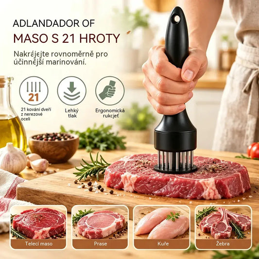 Nerezová jehla na změkčování masa se 21 hroty na steak, gril a vaření.