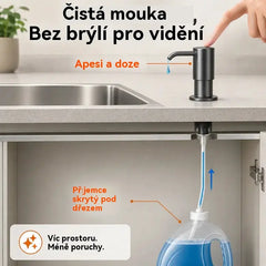 Vestavný dávkovač mýdla a mycího prostředku pro kuchyňský dřez, z prémiové nerezové oceli, s výsuvnou trubicí vedoucí přímo do láhve a gravitační kuličkou 304, rychlé čerpání