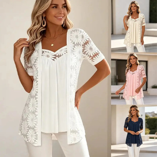 👚 S–4XL Elegantní halenky 2 v 1 s krajkou a síťovinou – zeštíhlující střih proti bříšku, 5 barev, velikosti! 🌸✨
