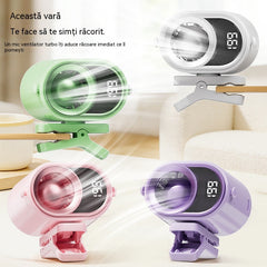 🌀 Ventilator cu montare pe haine, ecran LED, clemă integrată și 199 de niveluri de reglare
