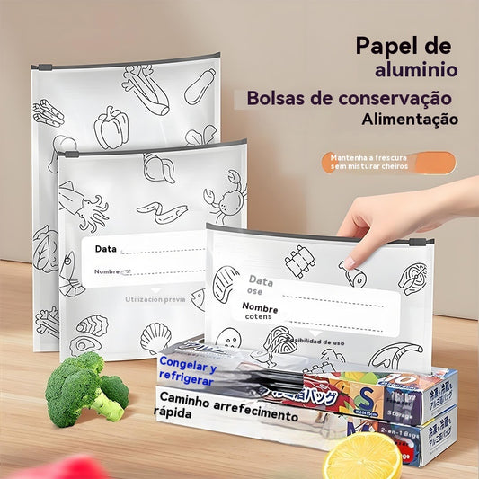 🥩【Embalagem com 30】Sacos de alumínio de qualidade alimentar com fecho zip, mantêm os alimentos frescos, adequados para frigoríficos domésticos.