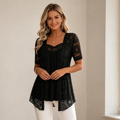 👚 S–4XL Elegantní halenky 2 v 1 s krajkou a síťovinou – zeštíhlující střih proti bříšku, 5 barev, velikosti! 🌸✨