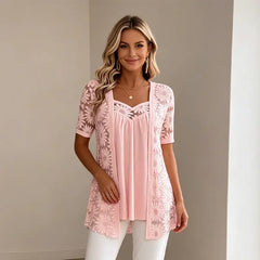 👚 S–4XL Elegantní halenky 2 v 1 s krajkou a síťovinou – zeštíhlující střih proti bříšku, 5 barev, velikosti! 🌸✨