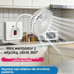 🔌💨 Mini wentylator obrotowy 360° do gniazdka – mocne chłodzenie do kuchni, łazienki, sypialni i biura