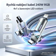 🔥 【2 kusy za 560 Kč】 🔥 (délka 2 metry) 4v1 kabel PD 240 W – rychlé nabíjení USB‑C, Lightning a USB‑A, hliník a silikon, synchronizace dat ⚡📱