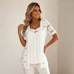 👚 S–4XL Elegantní halenky 2 v 1 s krajkou a síťovinou – zeštíhlující střih proti bříšku, 5 barev, velikosti! 🌸✨