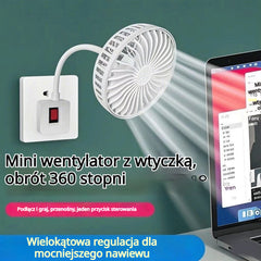 🔌💨 Mini wentylator obrotowy 360° do gniazdka – mocne chłodzenie do kuchni, łazienki, sypialni i biura