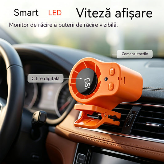 🌀 Ventilator hands-free cu afișaj LED, clemă integrată și 199 de niveluri reglabile