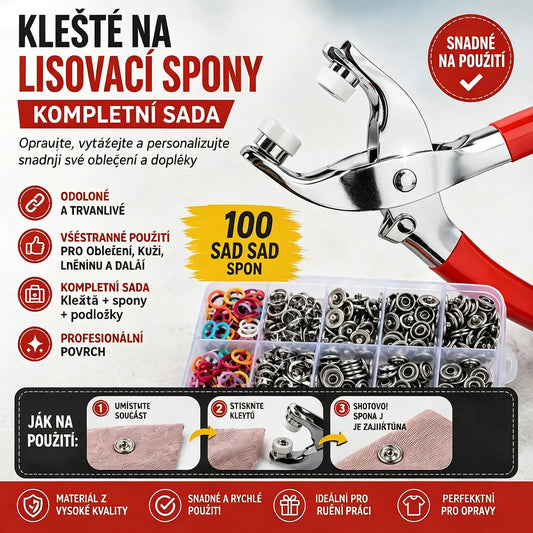 🔥 Sada 100 kovových knoflíků + ruční kleště (šití není nutné) 🧵🔧