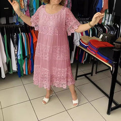 🌹👗【S–5XL】Nové krajkové šaty s kulatým výstřihem a krátkými rukávy, model 2026 【40–120 kg】