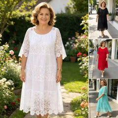 🌹👗【S–5XL】Nové krajkové šaty s kulatým výstřihem a krátkými rukávy, model 2026 【40–120 kg】