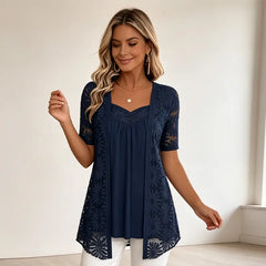 👚 S–4XL Elegantní halenky 2 v 1 s krajkou a síťovinou – zeštíhlující střih proti bříšku, 5 barev, velikosti! 🌸✨