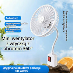 🔌💨 Mini wentylator obrotowy 360° do gniazdka – mocne chłodzenie do kuchni, łazienki, sypialni i biura
