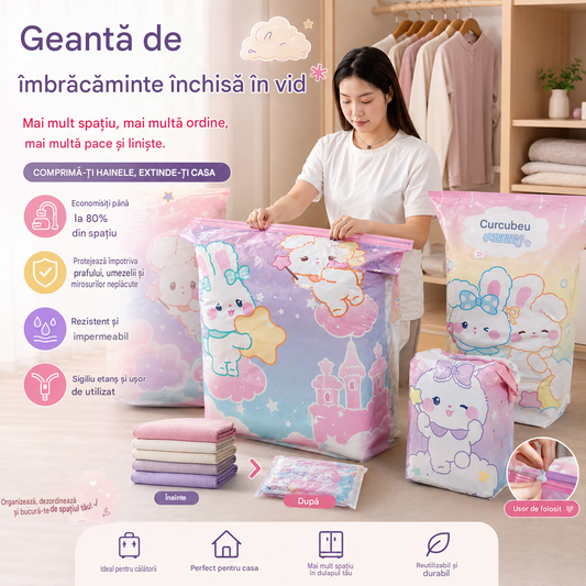 🧳【Set de 5 piese】💨 Pungi de depozitare în vid compresibile de mare capacitate: Nu necesită pompă de aer, etanșe, ideale pentru economisirea spațiului în valiză și în casă.✈️