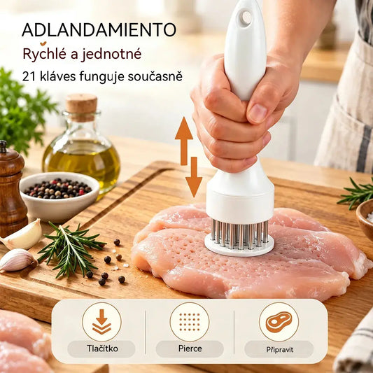 Nerezová jehla na změkčování masa se 21 hroty na steak, gril a vaření.