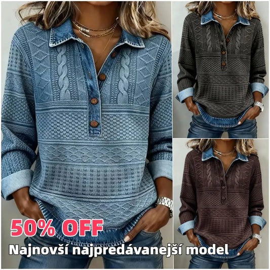 🔥 50% SLEVA | Dámský retro top s džínovými detaily [S–5XL] – Texturovaný vzor, límeček a pohodlný volný střih