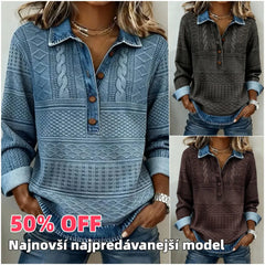 🔥 50% SLEVA | Dámský retro top s džínovými detaily [S–5XL] – Texturovaný vzor, límeček a pohodlný volný střih